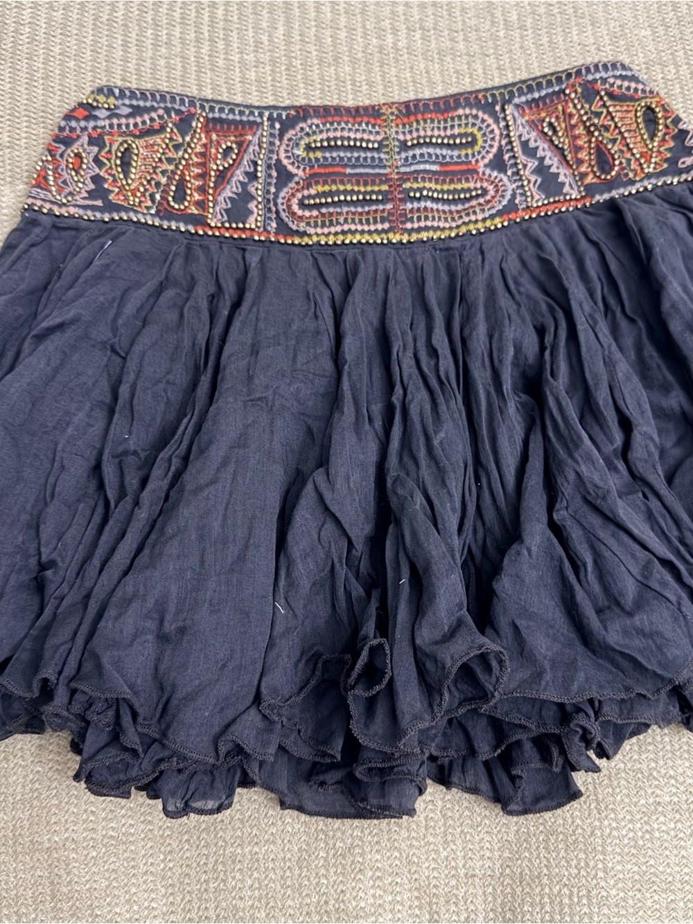 RAGA vintage Navy Circle Skirt with Colorful Embroidered Waist